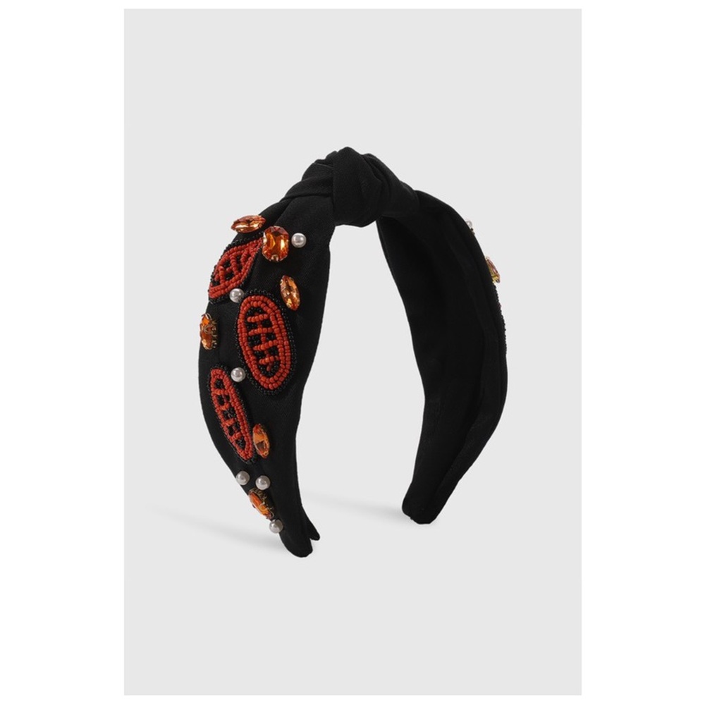 Game Day Football Beaded Top Knot Headband Black-Orange